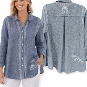 John Mark Embroidered Linen Long Sleeve Roll-Tap Shirt Blue Chambray Medium